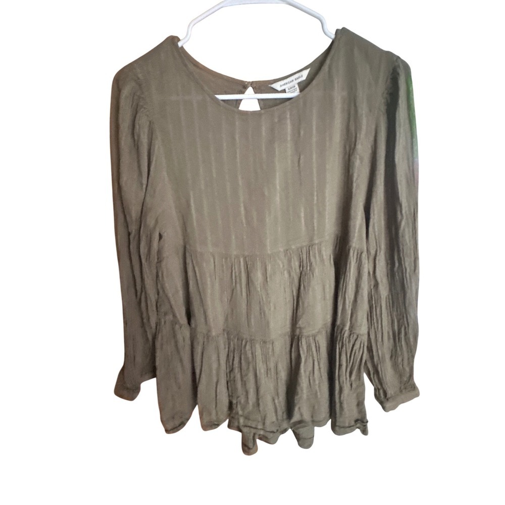 American Eagle Olive Green Tiered Babydoll Blouse Open Back Long Sleeve Boho